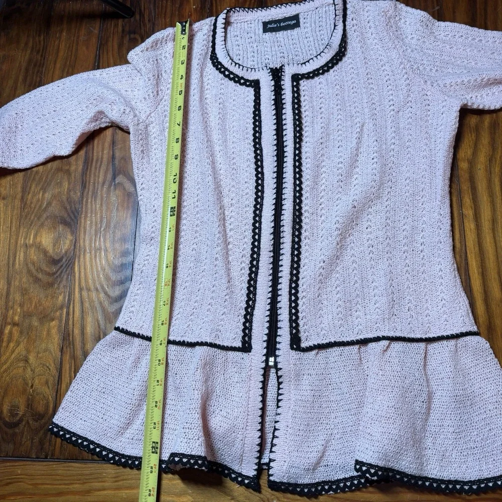 Julie's Bottega Pink Black Trim Zip Front Cardigan Sweater Sz M Coquette A178